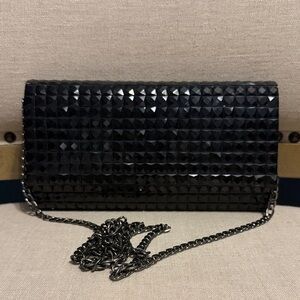 Black Studded Evening Clutch with Detachable Chain